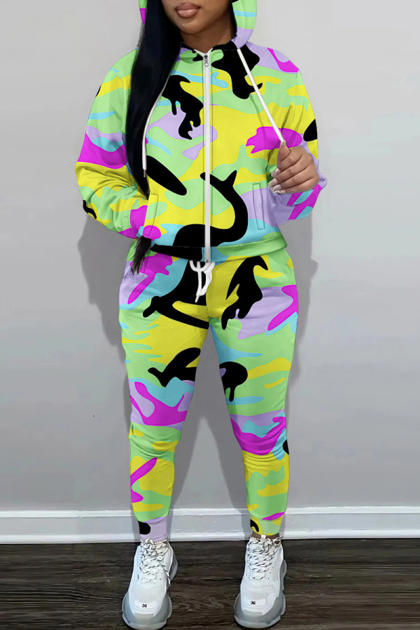 Light Green Graphics Print Long Sleeve Hooded Sweatshirt and Skinny Pant Casual Sportwear 2 Piece Sweatsuit