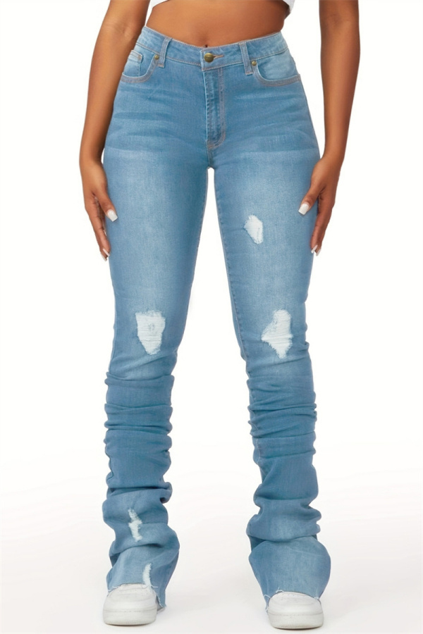 Grey Casual High Waist Distressed Ripped Stacked Pants Denim Jeans