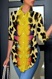Yellow Butterfly Print Turndown Collar Long Sleeve Button-Front Casual Outing Blouse Office Shirt Tops