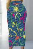 Multicolor Grey Flowers Heart Shaped Faux Denim Print Contrast High Waist Wrap Casual Outing Maxi Skirt