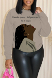 Brown African Girl Letter Print O Neck Long Sleeve Casual Outing Plus Size Fall Winter Sweatshirt
