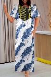 Dark Blue African Graphics Print Fringed Trim Asymmetrical Collar Embroidery Loose Long Kaftan Maxi Satin Dress