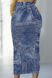 Multicolor Grey Flowers Heart Shaped Faux Denim Print Contrast High Waist Wrap Casual Outing Maxi Skirt
