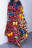 Orange Leopard Butterfly Print O Neck 3/4 Sleeve Belted Waist Casual Outing Plus Size Straight Loose Maxi Dresses