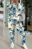 Green Floral Print O Neck Long Sleeve Sweatshirt And Pants Sportwear Casual Two Pieces Jogger Sets