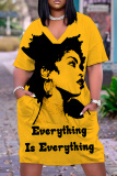 Turmeric Figure Print V Neck Short Sleeve Plus Size Loose Pockets Casual Outing Midi T-Shirt Dress