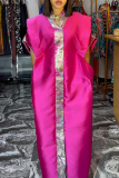 Green African V Neck Half Sleeve Shiny Metallic Panel Front Loose Flowing Kaftan Maxi Satin Dresses