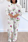 Orange Floral Print O Neck Long Sleeve Sweatshirt And Pants Sportwear Casual Two Pieces Jogger Sets