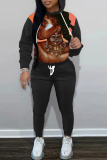 Orange African Girl Print Long Sleeve Hooded Sweatshirt and Skinny Pants Casual Sportwear Matching Sweatsuit set