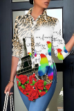 Yellow Butterfly Print Turndown Collar Long Sleeve Button-Front Casual Outing Blouse Office Shirt Tops