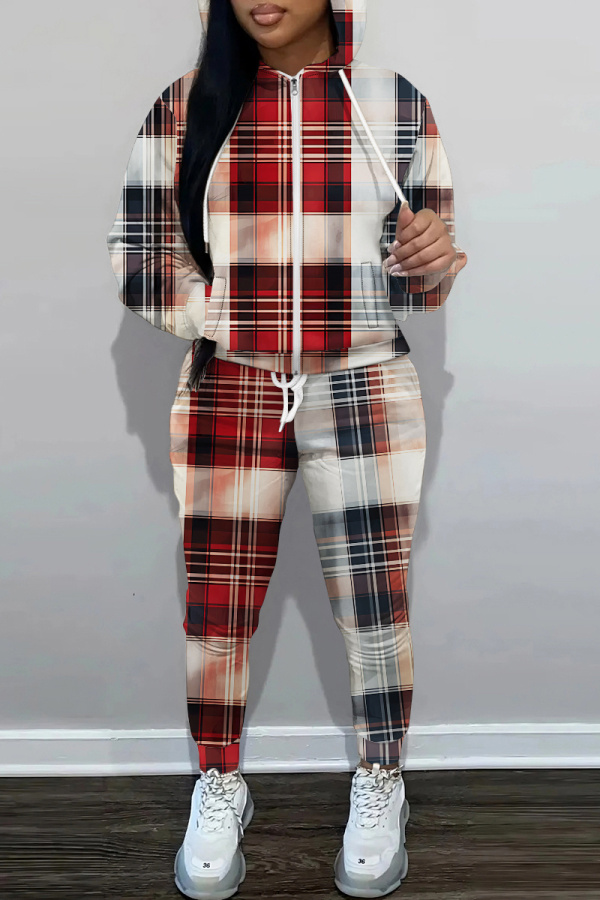 Red Graphics Print Long Sleeve Hooded Sweatshirt and Skinny Pant Casual Sportwear 2 Piece Sweatsuit