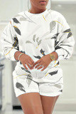 White Grey Floral Print O Neck Long Sleeve Sweatshirt And Shorts Casual Sportwear Two Pieces Shorts Sets