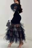 Black Off Shoulder Mesh Sheer Sleeves Formal Evening Party Prom Gown Tiered Tulle Ruffle Maxi Dress