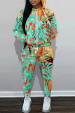 Red Graphics Print Long Sleeve Hooded Sweatshirt and Skinny Pant Casual Sportwear 2 Piece Sweatsuit