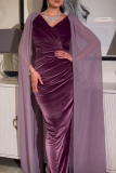 Purple V Neck Cape Sleeves Ruched Formal Evening Prom Gown Bodycon Maxi Velvet Dress