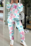 Green Floral Print O Neck Long Sleeve Sweatshirt And Pants Sportwear Casual Two Pieces Jogger Sets