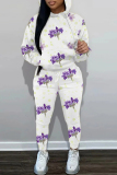 White Floral Print  Long Sleeve Hooded Sweatshirt and Skinny Pant Casual Sportwear Oversized Two Piece Matching Sweatsuit Set