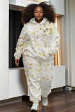 Purple Floral Print Long Sleeve Hooded Sweatshirt and Straight Pant Casual Sportwear Plus Size Two Pieces Tracksuit Set