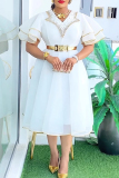 Black African Beads Trim V Neck Ruffle Sleeve With Belt Mesh Sheer Long Plus Size Pleated Midi Dresses