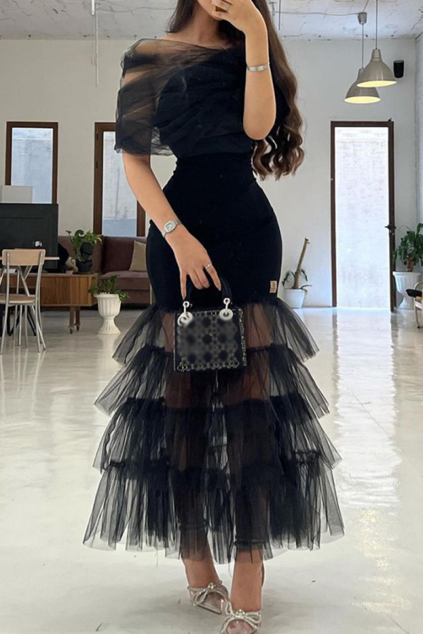 Black Off Shoulder Mesh Sheer Sleeves Formal Evening Party Prom Gown Tiered Tulle Ruffle Maxi Dress