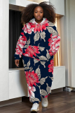 Purple Floral Print Long Sleeve Hooded Sweatshirt and Straight Pant Casual Sportwear Plus Size Two Pieces Tracksuit Set