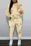 Light Green Floral Print Long Sleeve Hooded Sweatshirt and Skinny Pants Casual Sportwear Two Pieces Jogger Sets
