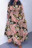 Orange Leopard Butterfly Print O Neck 3/4 Sleeve Belted Waist Casual Outing Plus Size Straight Loose Maxi Dresses