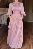 Pink Bow-Tie Crewneck Lantern Sleeve Formal Evening Party Prom Gown Pleated Maxi Satin Dresses