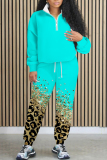 Light Blue Graphics Print Long Sleeve Zip-Collar Sweatshirt and Pant Sportwear Casual Plus Size Two Pieces Jogger Sets