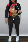 Orange African Girl Print Long Sleeve Hooded Sweatshirt and Skinny Pants Casual Sportwear Matching Sweatsuit set