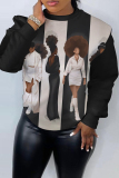 Dark Grey African Girl Print O Neck Long Sleeve Casual Outing Plus Size Fall Winter Sweatshirt