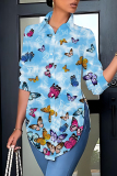 Yellow Butterfly Print Turndown Collar Long Sleeve Button-Front Casual Outing Blouse Office Shirt Tops