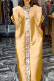 Green African V Neck Half Sleeve Shiny Metallic Panel Front Loose Flowing Kaftan Maxi Satin Dresses