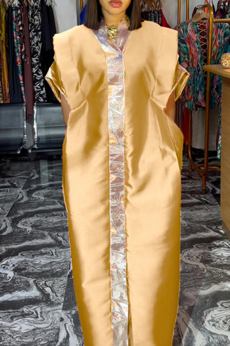 Green African V Neck Half Sleeve Shiny Metallic Panel Front Loose Flowing Kaftan Maxi Satin Dresses