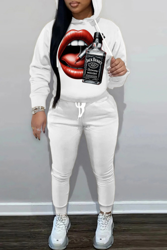White Figure Lips Print Long Sleeve Hooded Sweatshirt and Skinny Pant Casual Sportwear 2 Piece Sweatsuit