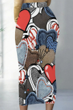 Multicolor Grey Flowers Heart Shaped Faux Denim Print Contrast High Waist Wrap Casual Outing Maxi Skirt