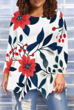 Off White Floral Print O Neck Long Sleeve Irregular Hem Casual Outing Blouse