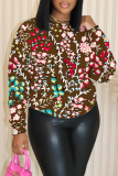 Blue Floral Print O Neck Long Sleeve Casual Outing Plus Size Fall Winter Sweatshirt