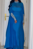 Blue Beaded Decor Turtleneck and Cape Sleeve Chiffon Maxi Sheer Overlay and Bodycon Tube Maxi Dress Two Pieces Dress Sets
