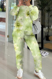 Green Floral Print O Neck Long Sleeve Sweatshirt And Pants Sportwear Casual Two Pieces Jogger Sets