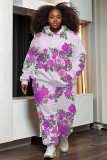 Purple Floral Print Long Sleeve Hooded Sweatshirt and Straight Pant Casual Sportwear Plus Size Two Pieces Tracksuit Set