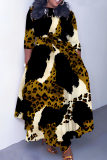 Brown Graphics Print O Neck 3/4 Sleeve Belted Waist Casual Outing Plus Size Straight Loose Maxi Dresses