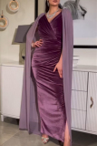 Purple V Neck Cape Sleeves Ruched Formal Evening Prom Gown Bodycon Maxi Velvet Dress