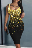 Black Yellow Graphics Print Sleeveless U Neck Knee Length Casual Outing Bodycon Vest Midi Dress