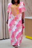 Dark Blue African Graphics Print Fringed Trim Asymmetrical Collar Embroidery Loose Long Kaftan Maxi Satin Dress