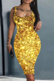Black Yellow Graphics Print Sleeveless U Neck Knee Length Casual Outing Bodycon Vest Midi Dress