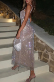 Sliver Square Neck Sleeveless Backless Sequin Bodycon Evening Gown Sparkling Maxi Dresses
