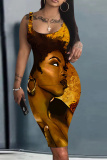Earthy Yellow Figure Print Sleeveless U Neck Knee Length Casual Outing Bodycon Vest Midi Dress