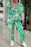 Green Floral Print O Neck Long Sleeve Sweatshirt And Pants Sportwear Casual Two Pieces Jogger Sets