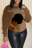 Brown African Girl Letter Print O Neck Long Sleeve Casual Outing Plus Size Fall Winter Sweatshirt